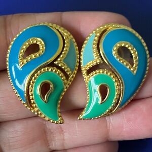 Avon Paisley Enamel Stud Earrings Blue Green Gold Tone
